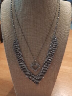 Silver-Tone Crystal V-Front Necklace with Heart Pendant